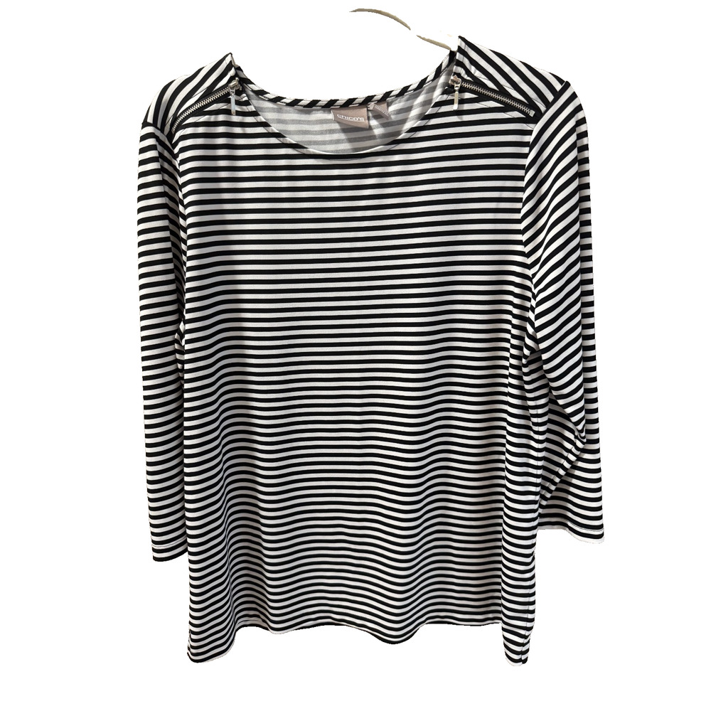 Chico's 2 Black/White Stripe Zipper Accent Top Workwear Travel Vacation